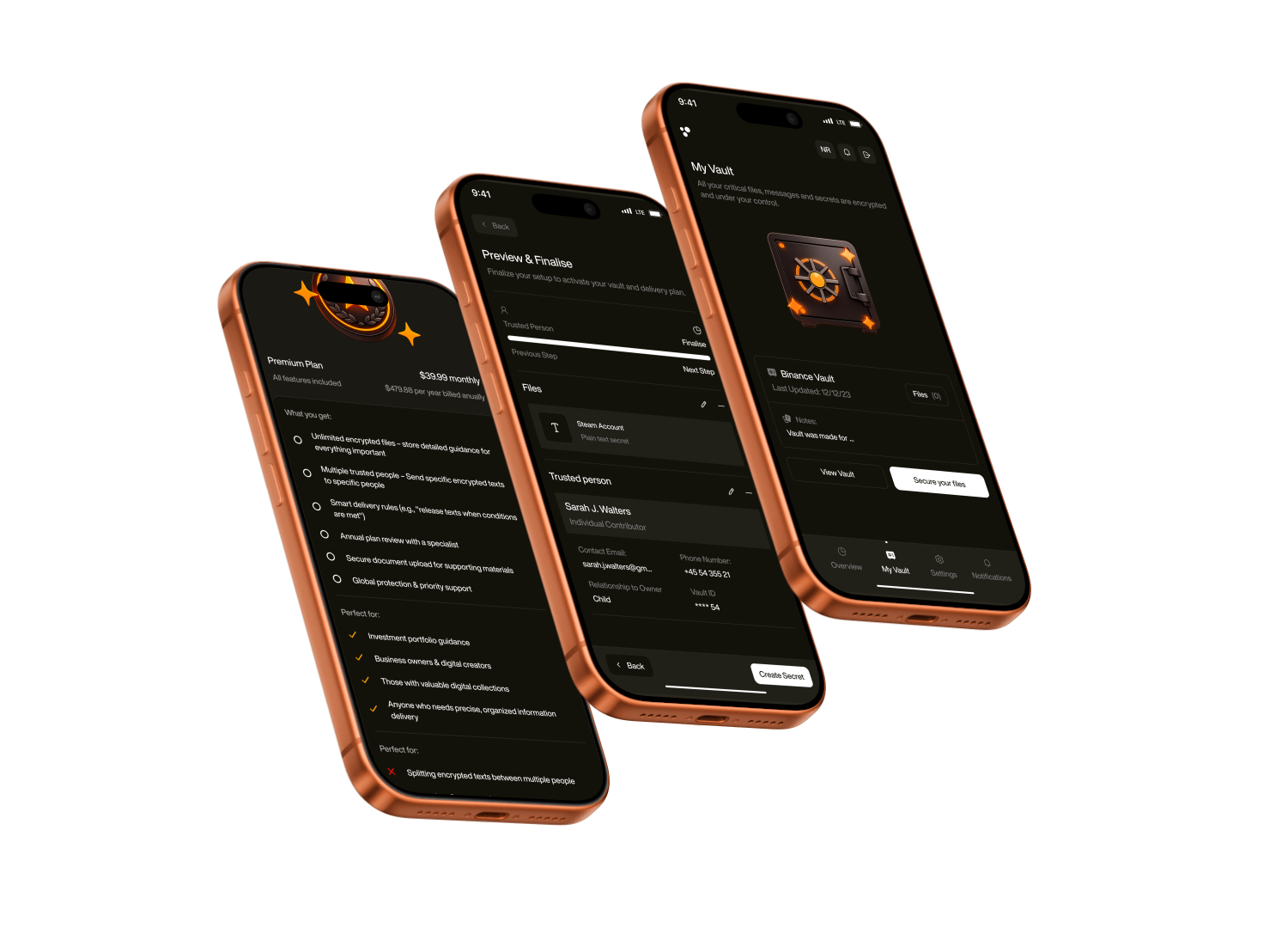 Concept preview of the EncryptedNode app: My Vault, trusted person setup, and plan details